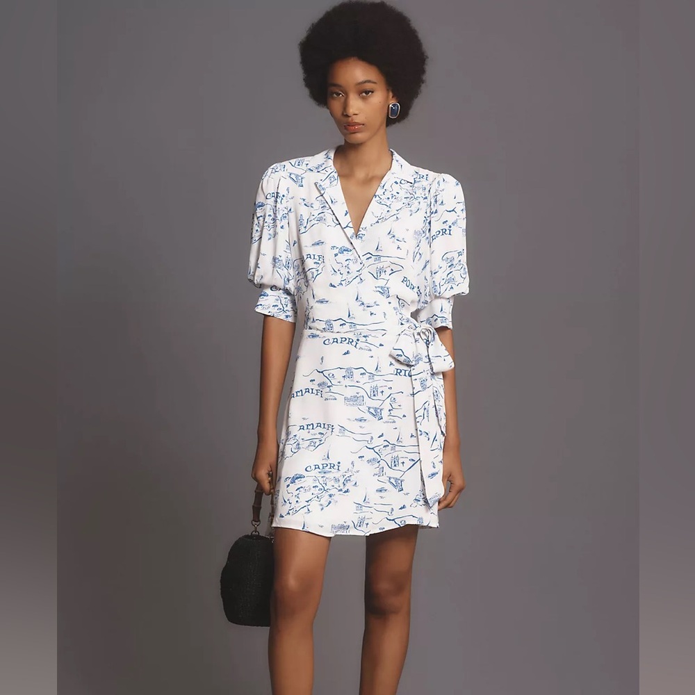 Anthropologie Maeve Short-Sleeve Collared Wrap Mini Dress Amalfi Capri Sz Small